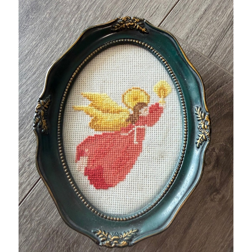 Cross Stitch Angel Framed Art Small Vintage Religious Decor
